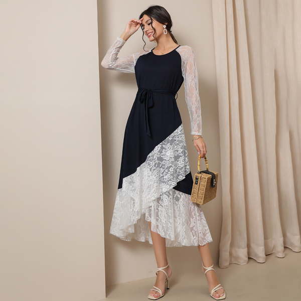 

Contrast Lace Belted A-line Dress, Blue and white