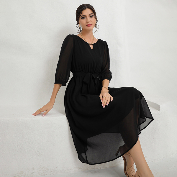 

Solid Puff Sleeve Belted A-line Dress, Black