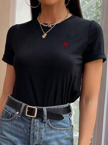 SHEIN Frenchy T-shirt Sulaman Hati Casual - Hitam - View 4