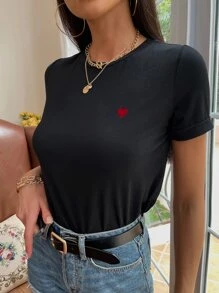 SHEIN Frenchy T-shirt Sulaman Hati Casual - Hitam - View 5