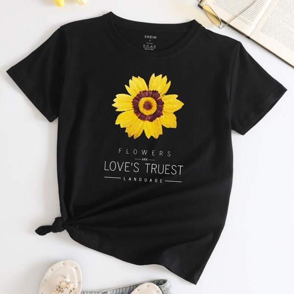 

Floral And Slogan Graphic Tee, Black