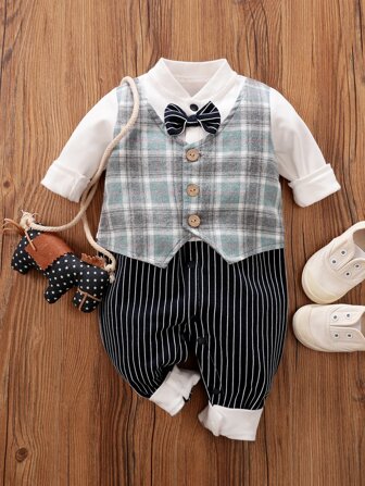 Yierying 男嬰格紋蝴蝶結領紐扣連身長褲