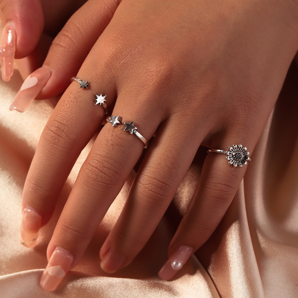 

3pcs Flower & Star Decor Ring, Silver