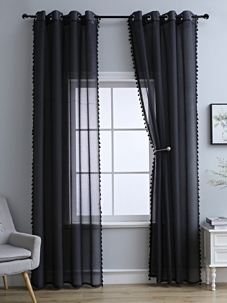 Tassel Decor Single Panel Curtain - Black - View 1