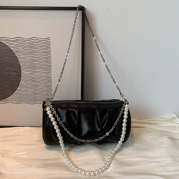 

Faux Pearl Decor Ruched Bag, Black