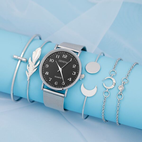 

1pc Mesh Strap Round Pointer Watch & 5pcs Bracelet