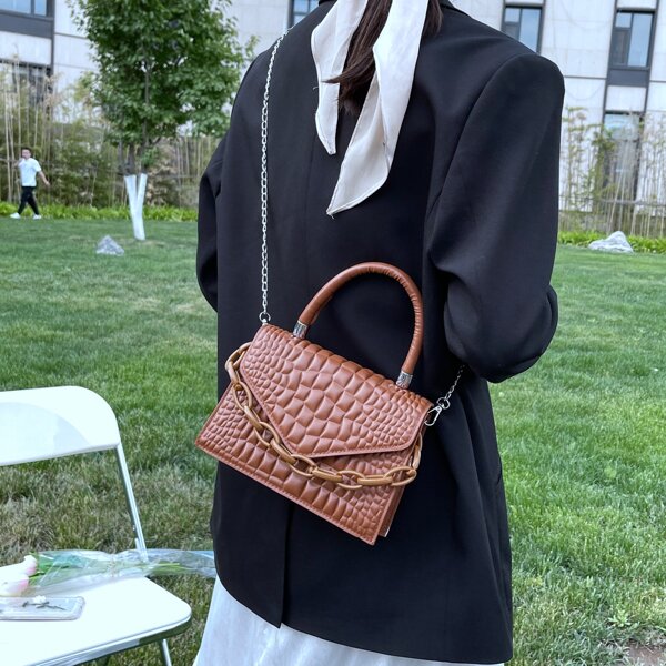

Textured Chain Decor Flap Satchel Bag, Brown