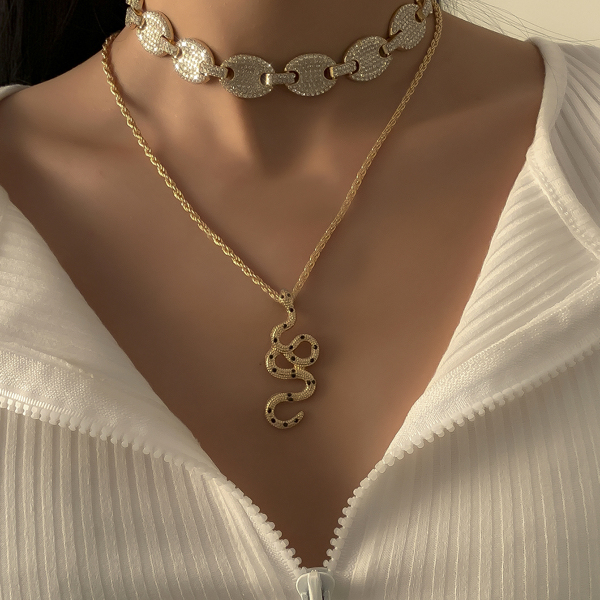 

2pcs Snake Charm Rhinestone Decor Necklace, Gold