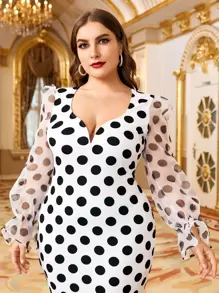 SHEIN Unity Plus Organza Bell Sleeve Polka Dot Dress - Black and White - View 3