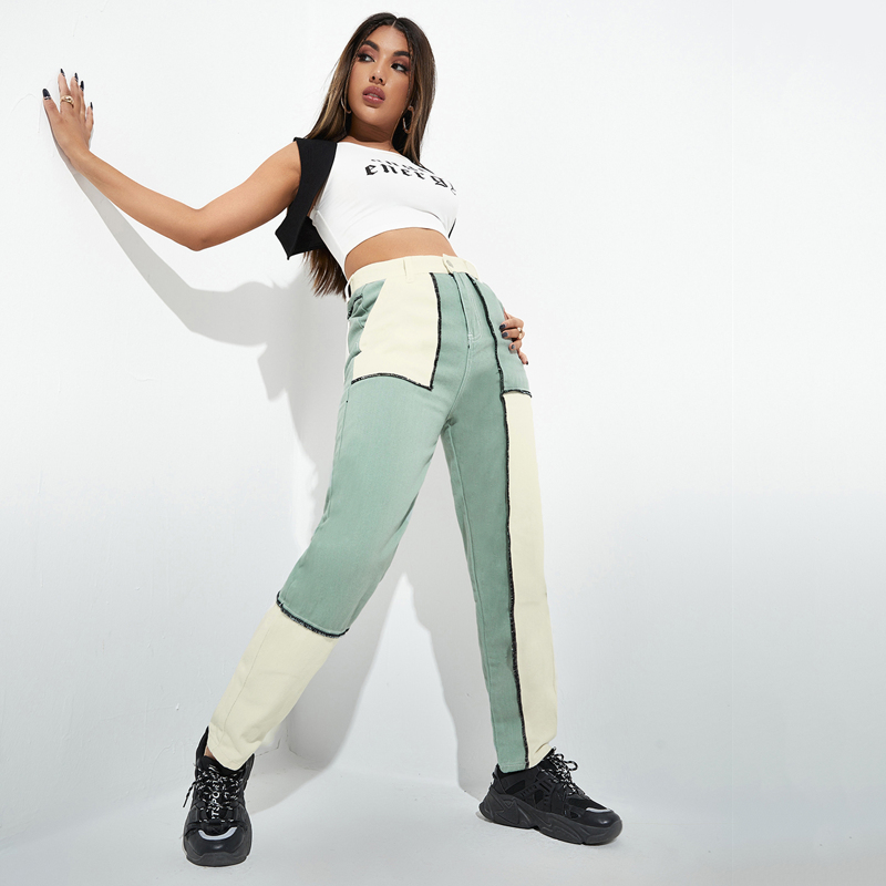 

High Waist Colorblock Spliced Raw Hem Jeans, Multicolor