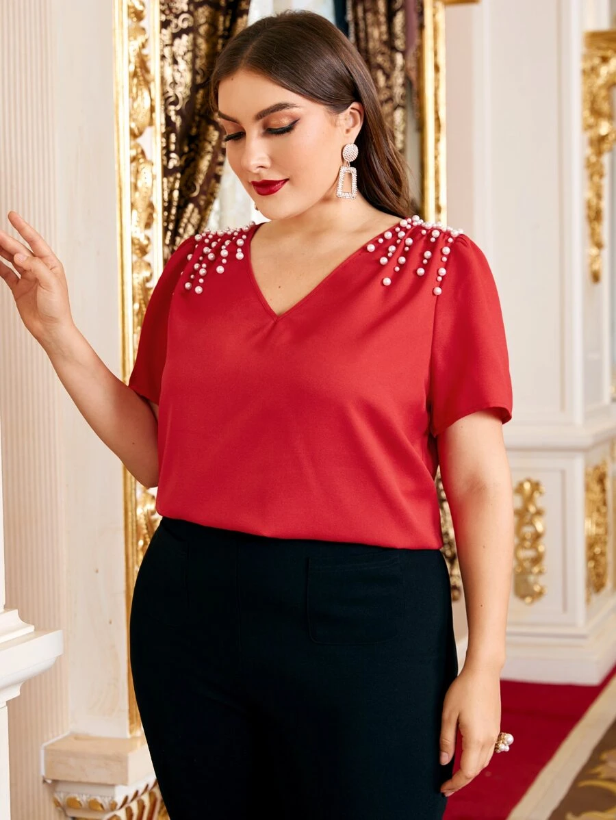 SHEIN Clasi Plus Pearl Beaded Top - Red - View 1