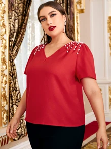 SHEIN Clasi Plus Pearl Beaded Top - Red - View 3