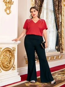 SHEIN Clasi Plus Pearl Beaded Top - Red - View 4