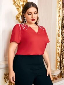 SHEIN Clasi Plus Pearl Beaded Top - Red - View 5