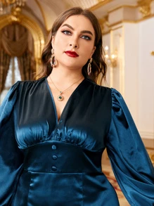 SHEIN Belle Plus Lantern Sleeve Slit Back Satin Bridesmaid Dress - Teal Blue - View 4