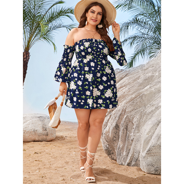 

Plus Floral Bardot Shirred A-line Dress, Navy blue