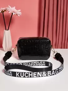 Mini Crocodile Embossed Crossbody Bag - Black - View 1