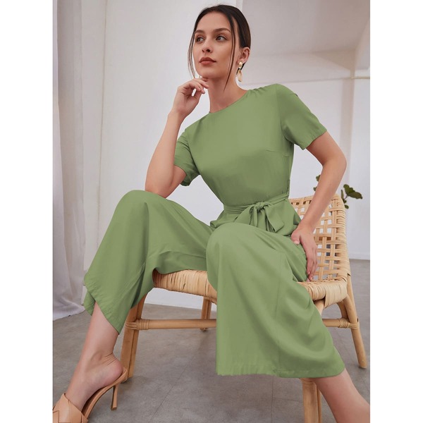 

Self Tie Wide Leg Jumpsuit, Lime green
