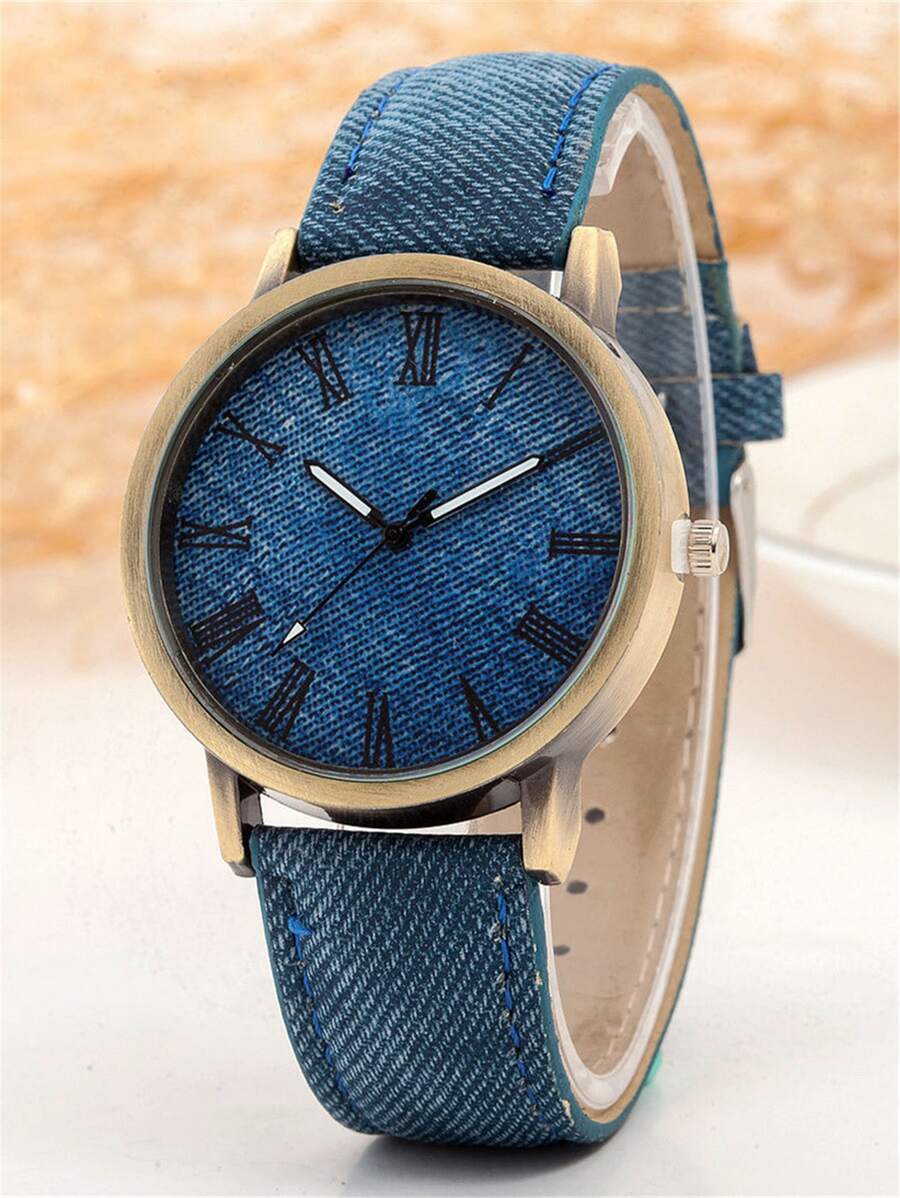 Round Pointer Denim Strap Quartz Watch