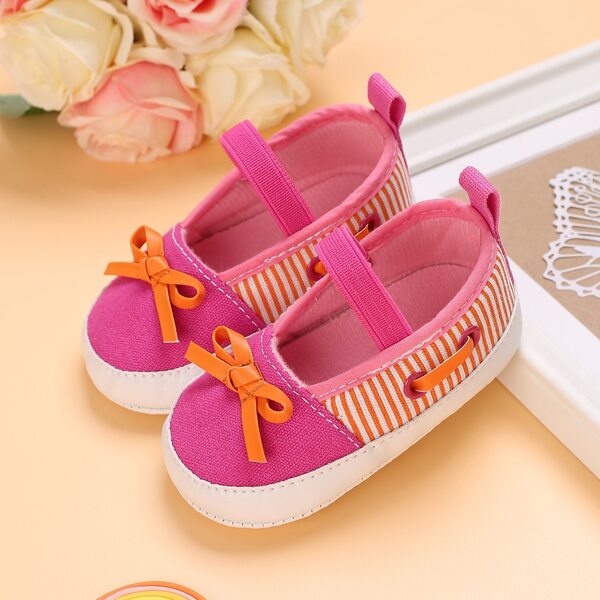 

Baby Girl Bow Decor Striped Pattern Flats, Pink