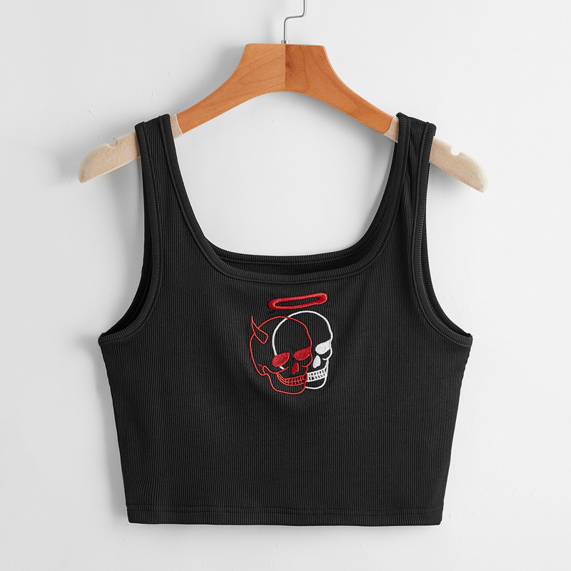 

Skull Embroidery Ribbed Tank Top, Black