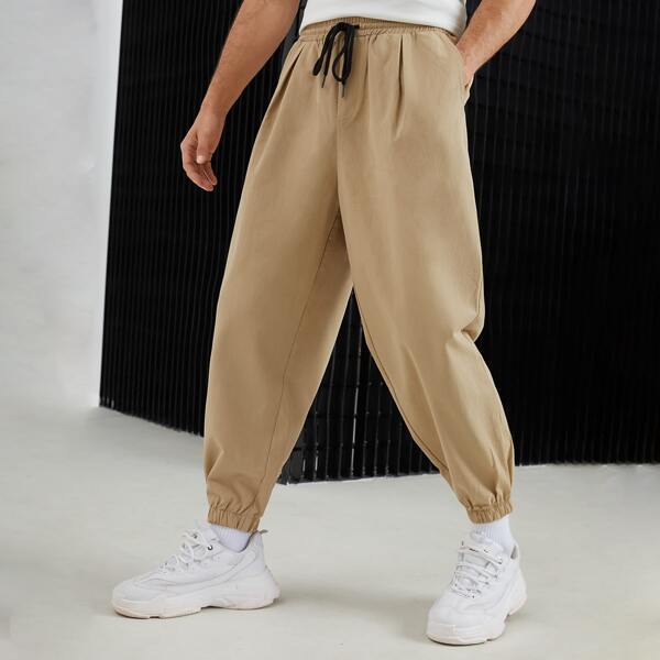 

Men Drawstring Waist Pants, Khaki