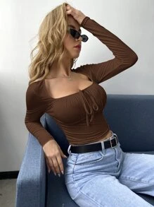 SHEIN Privé 繫帶抽褶短版上衣 - 咖啡棕 - 查看 3