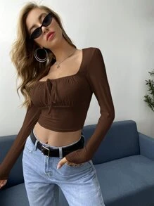 SHEIN Privé 繫帶抽褶短版上衣 - 咖啡棕 - 查看 6