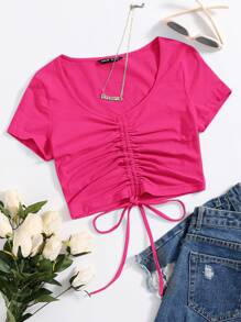 Muchica Solid Drawstring Ruched Tee - Hot Pink - View 1