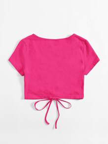 Muchica Solid Drawstring Ruched Tee - Hot Pink - View 2