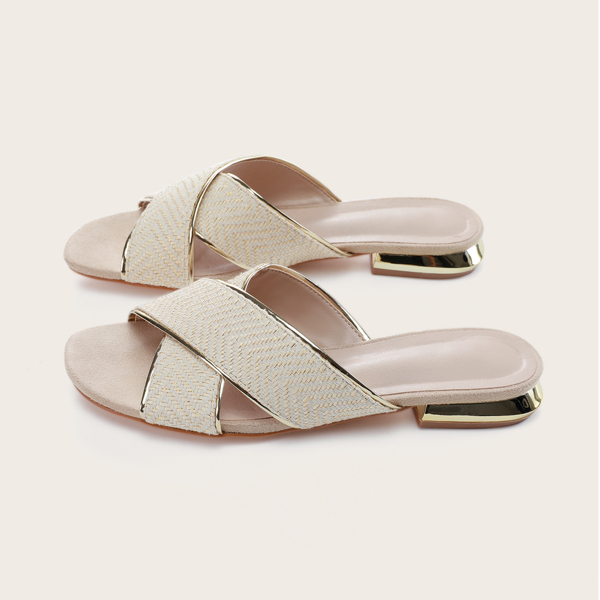 

Braided Design Cross Strap Sandal Mules, Apricot