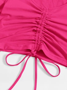 Muchica Solid Drawstring Ruched Tee - Hot Pink - View 3