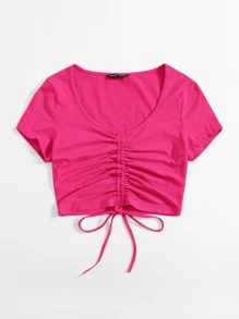 Muchica Solid Drawstring Ruched Tee - Hot Pink - View 4