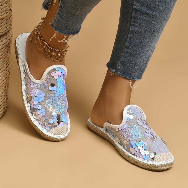 

Sequin Decor Sheer Mesh Espadrille Flat Mules, Multicolor