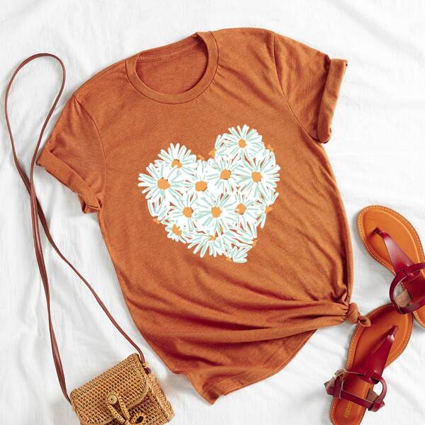 

Plus Floral & Heart Print Tee, Brown