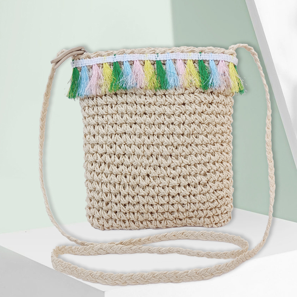 

Tassel Decor Straw Bag, Beige
