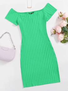 SHEIN EZwear 露肩羅紋針織包臀連衣裙 - 綠色 - 查看 1