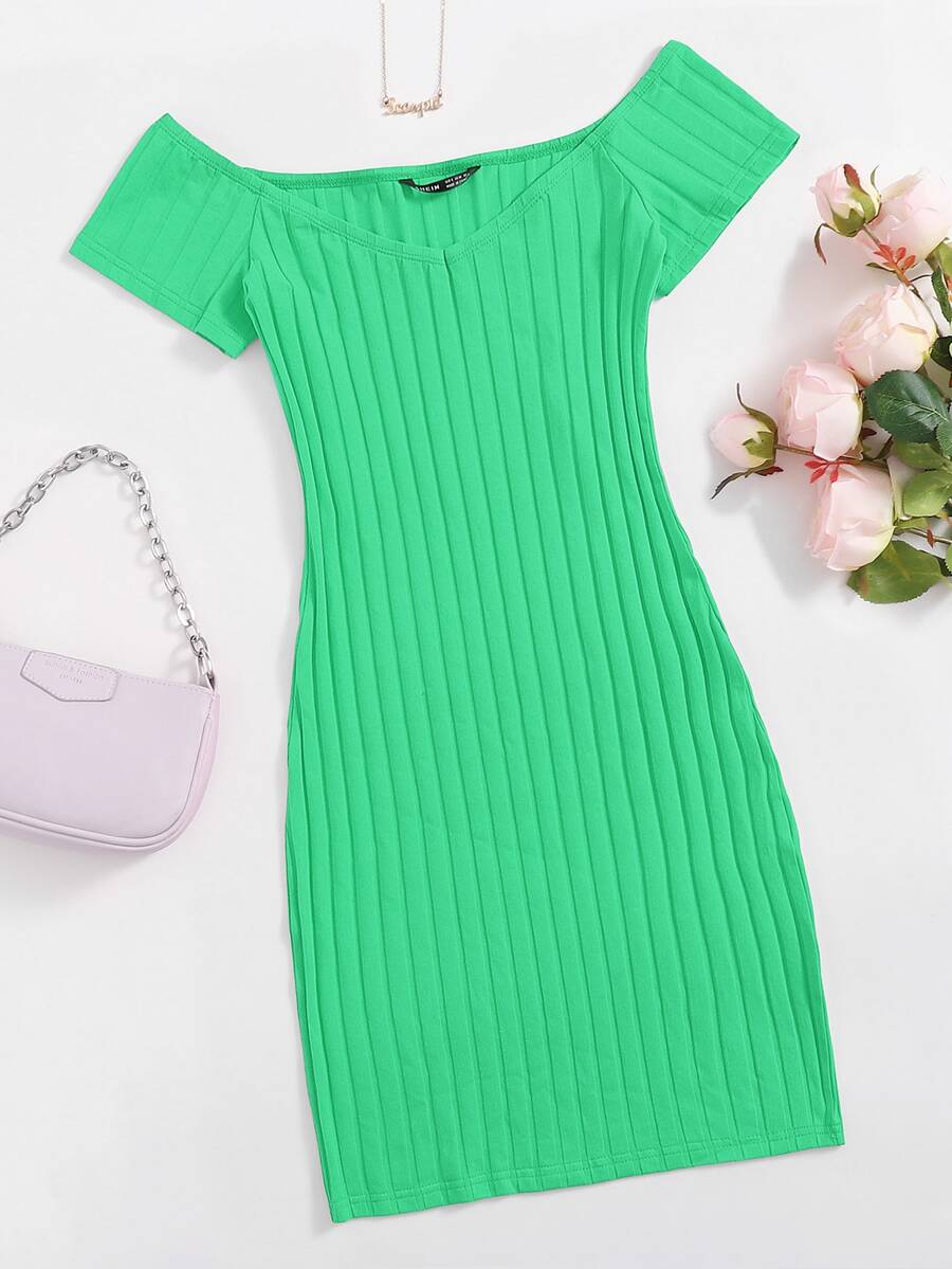 SHEIN EZwear 露肩羅紋針織包臀連衣裙 - 綠色 - 查看 1