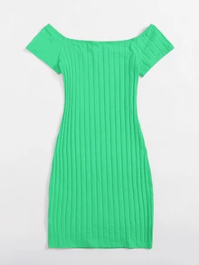 SHEIN EZwear 露肩羅紋針織包臀連衣裙 - 綠色 - 查看 2
