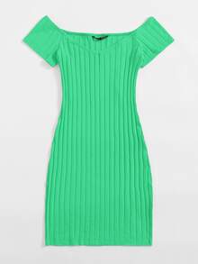 SHEIN EZwear 露肩羅紋針織包臀連衣裙 - 綠色 - 查看 4