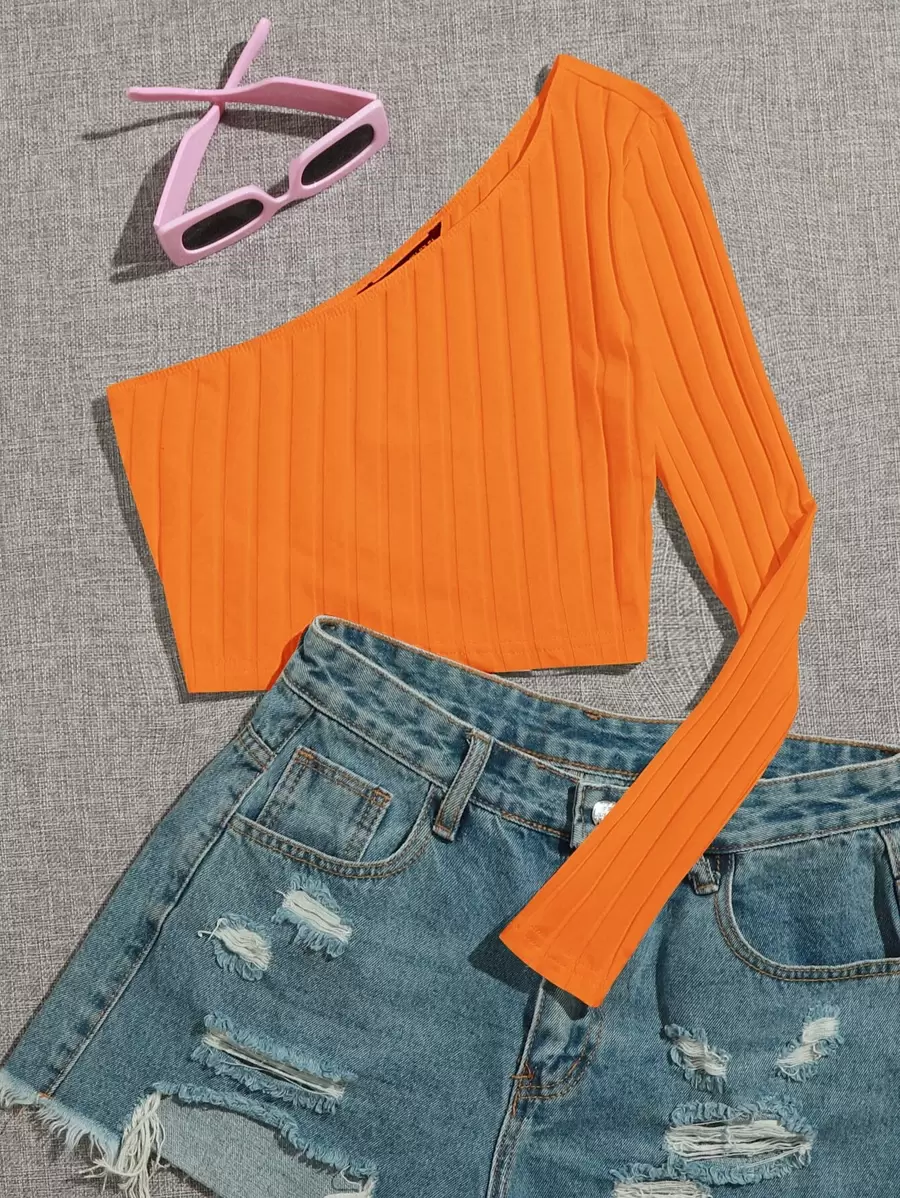 SHEIN EZwear 熒光橙單肩羅紋針織短版上衣 - 橘色 - 查看 1