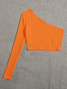 SHEIN EZwear 熒光橙單肩羅紋針織短版上衣 - 橘色 - 查看 2