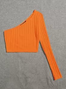 SHEIN EZwear 熒光橙單肩羅紋針織短版上衣 - 橘色 - 查看 4