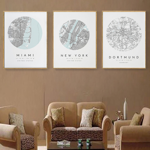 

3pcs Map Print Unframed Painting, Multicolor