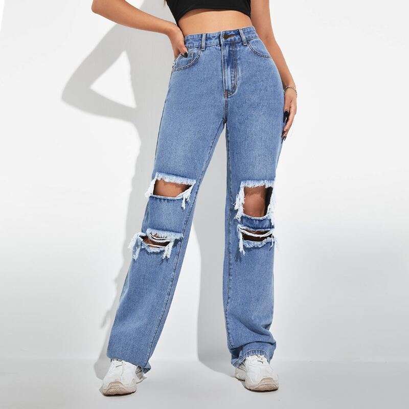 

High Waist Ripped Detail Jeans, Light wash