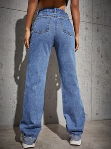 Jeans bajo doblado de cintura alta - Azul lavado medio - Ver 3