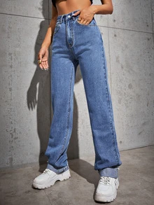 Jeans bajo doblado de cintura alta - Azul lavado medio - Ver 4