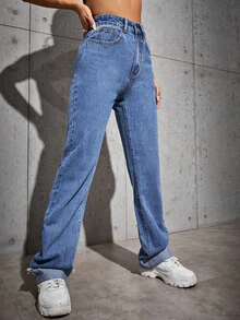 Jeans bajo doblado de cintura alta - Azul lavado medio - Ver 5