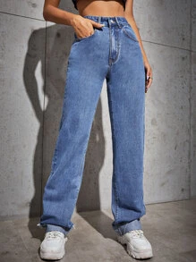 Jeans bajo doblado de cintura alta - Azul lavado medio - Ver 1