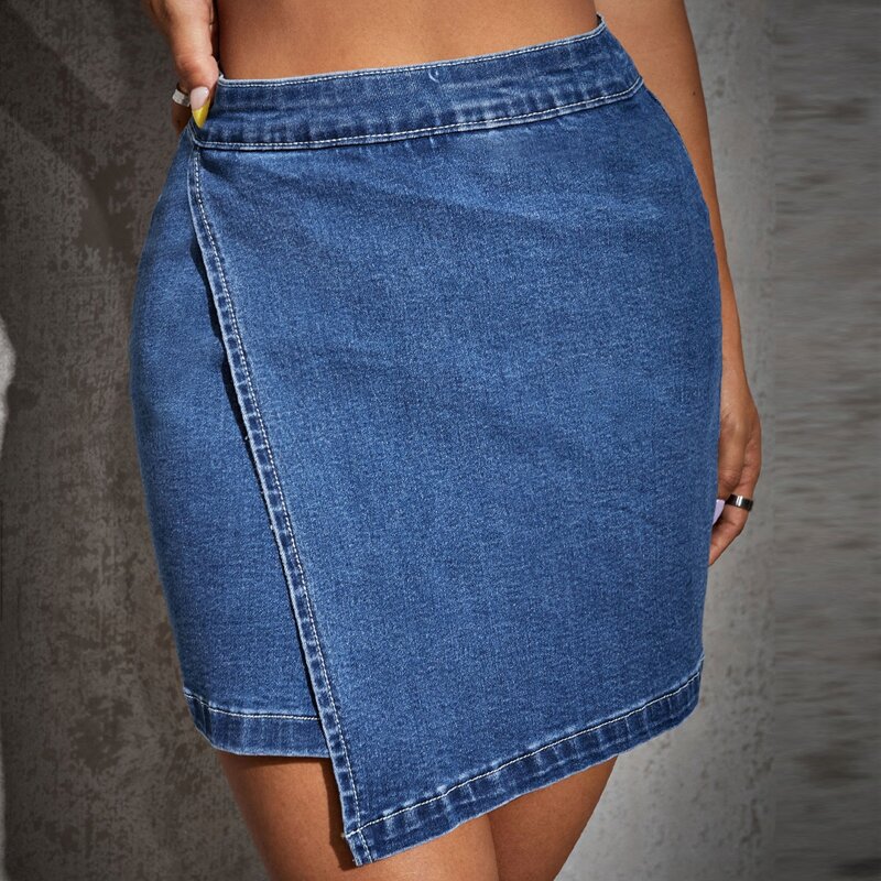

Zip Back Asymmetrical Hem Denim Skirt, Medium wash